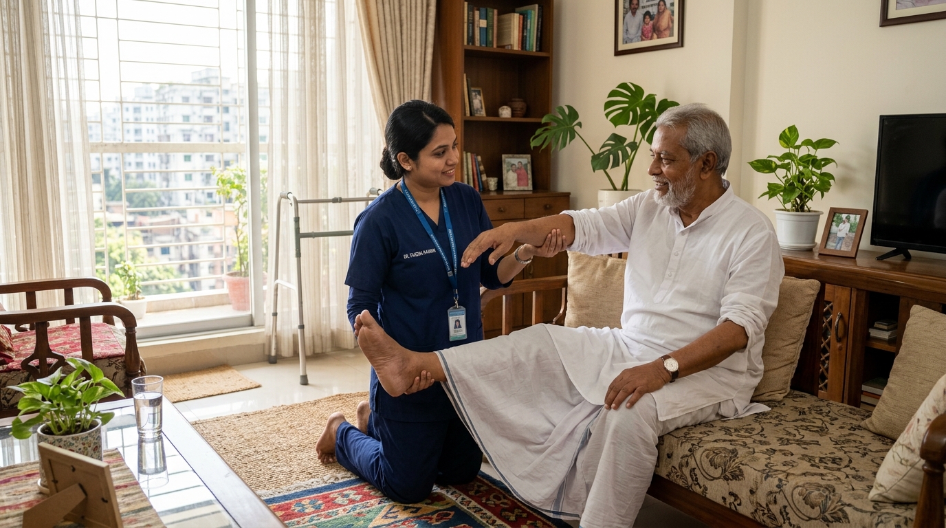Physiotherapist exercising elderly patient at home