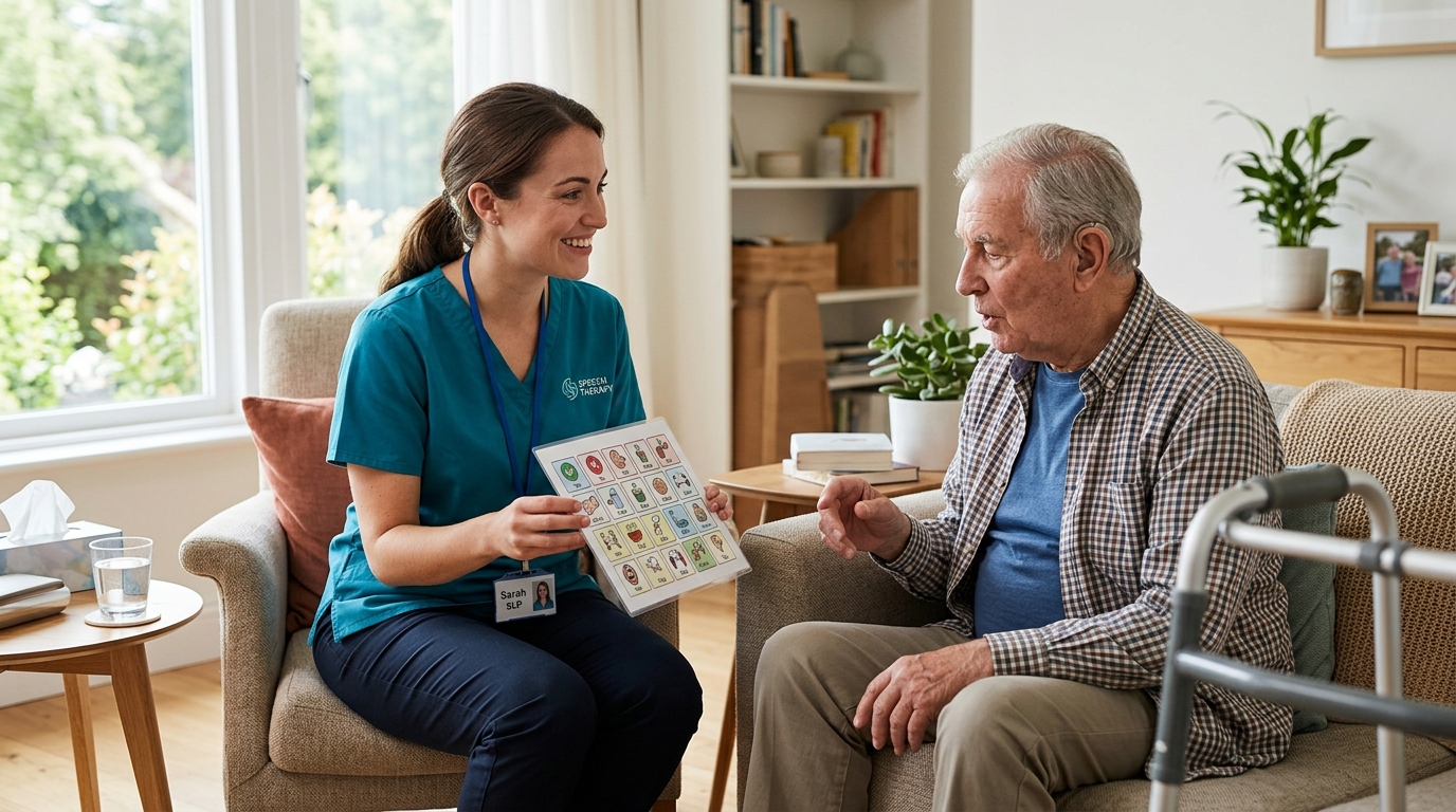 Speech-language pathologist conducting home speech therapy with communication board