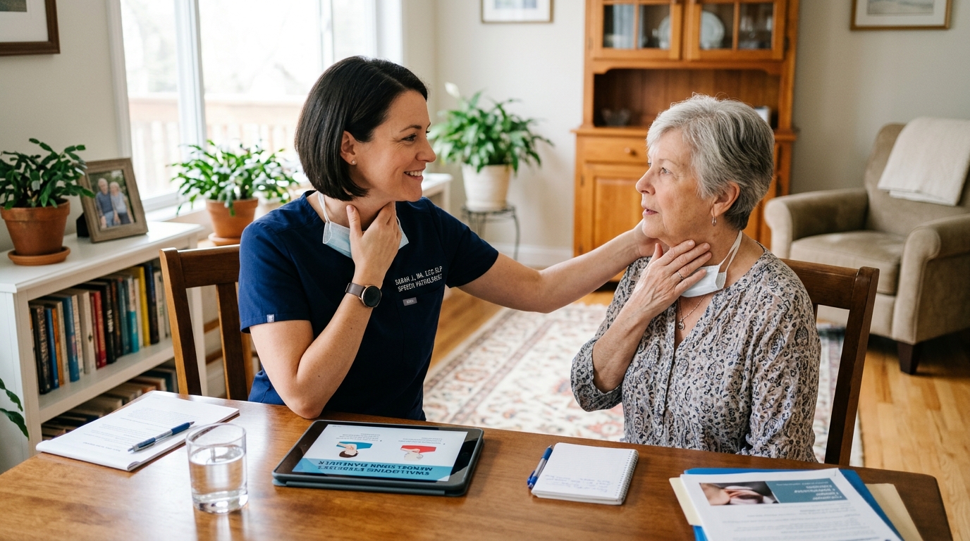 Speech pathologist evaluating throat musculature and swallowing rehabilitation at home