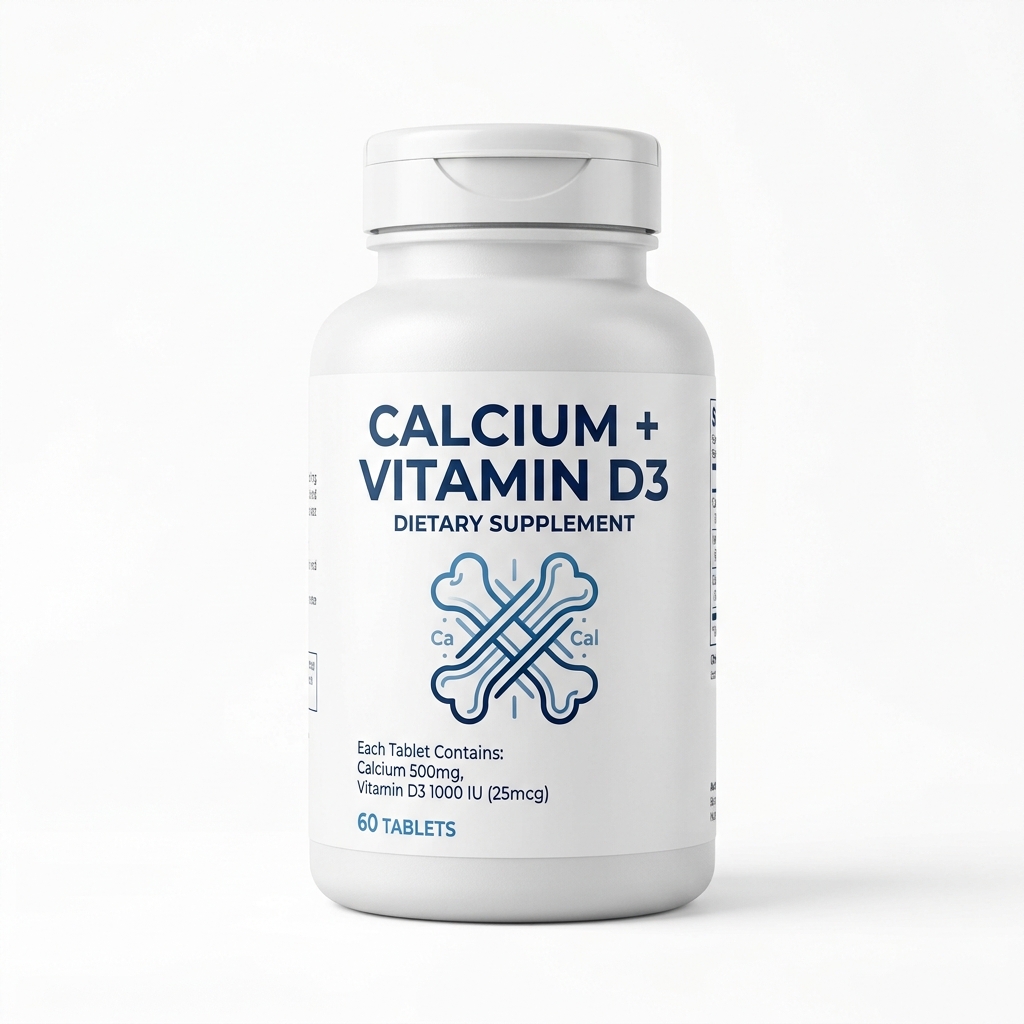 Calcium plus Vitamin D3 supplement bottle for bone strength and osteoporosis prevention