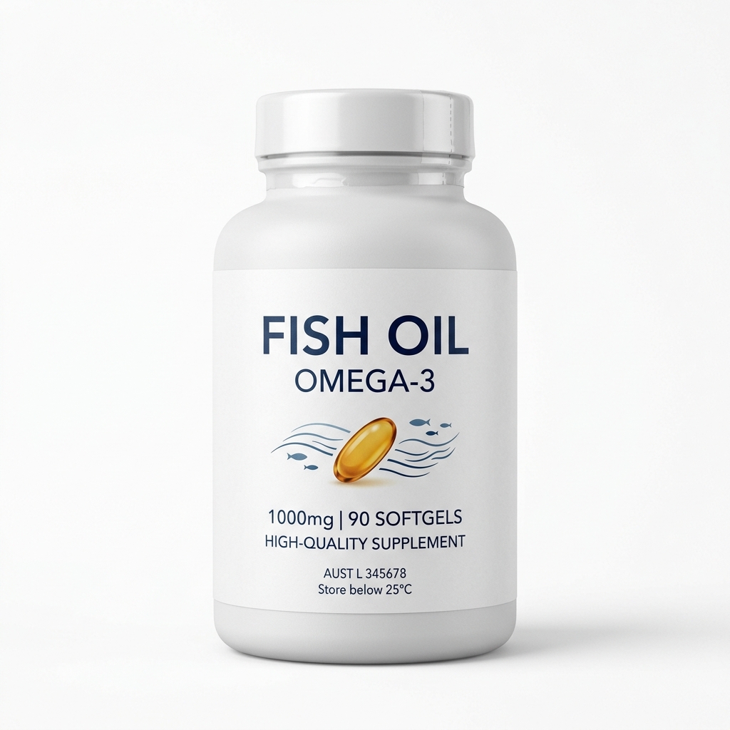 Fish Oil Omega-3 supplement bottle for joint health and inflammation relief