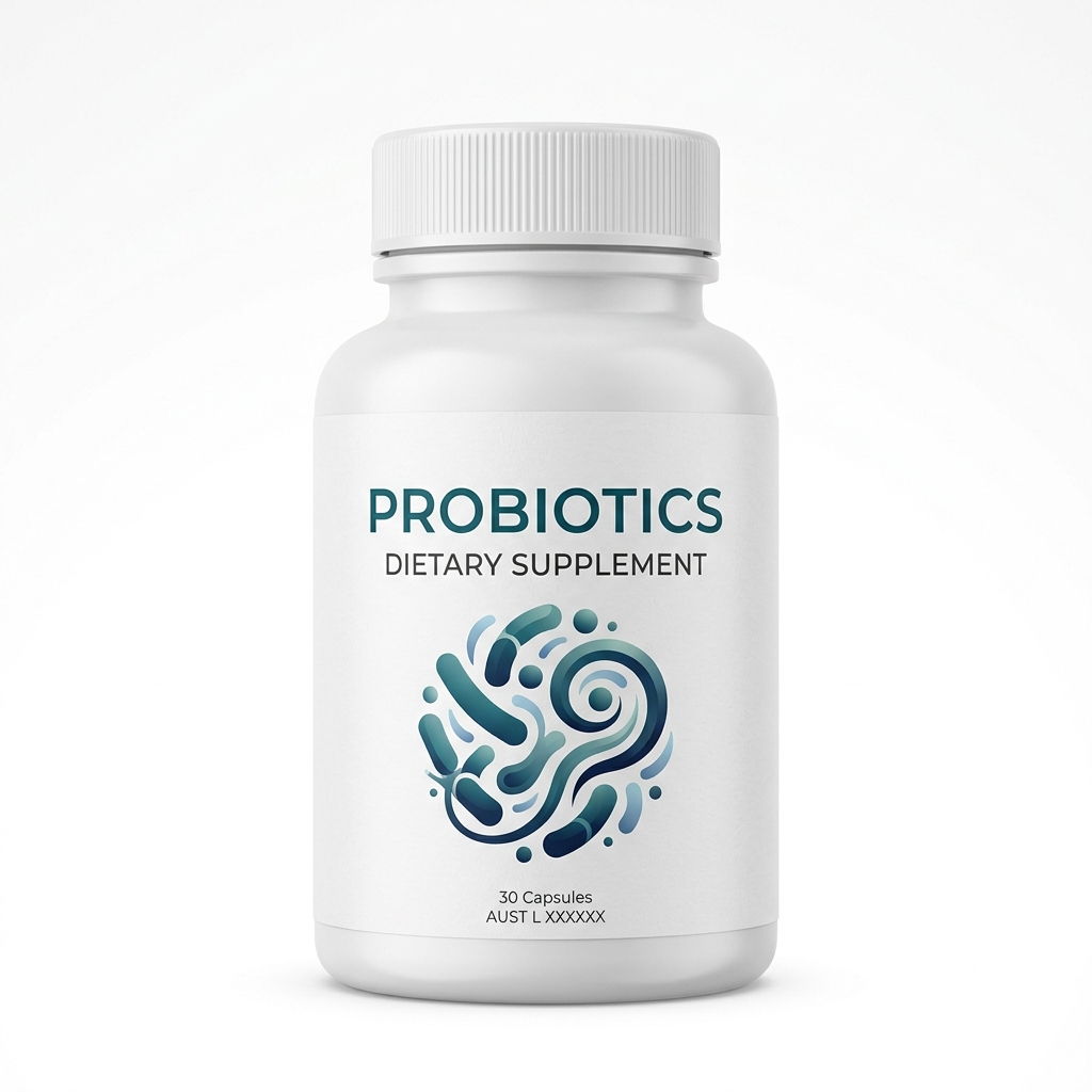 Probiotics multi-strain supplement bottle for gut microbiome balance and joint health