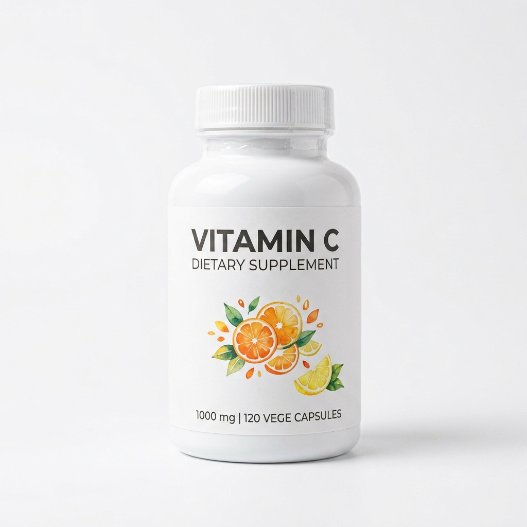 Vitamin C ascorbic acid supplement bottle for tissue repair and antioxidant recovery