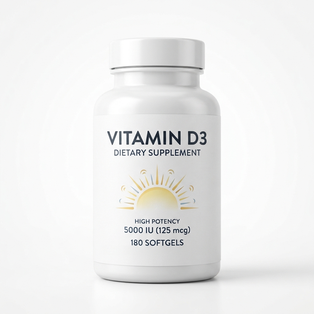 Vitamin D3 cholecalciferol supplement bottle for skeletal health and muscle strength